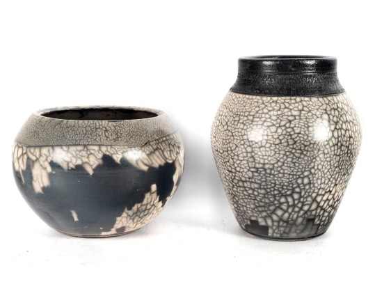 Pair Of Naked Raku Pottery Vases — Signed