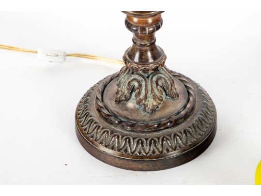 Pair Of Antique Amber Glass And Cast Brass Column Lamps
