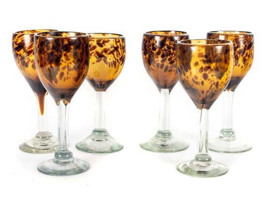 Six Handmade Tortoise Shell Amber Glass Wine Goblets