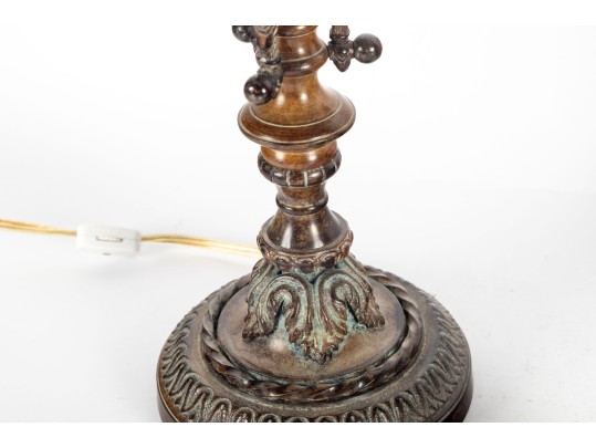 Pair Of Antique Amber Glass And Cast Brass Column Lamps