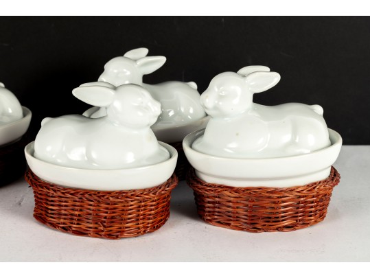 Set Of Four Porcelain Rabbit Covered Dishes With Wicker Holders