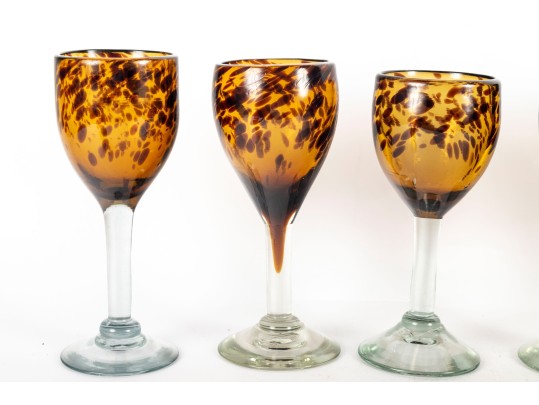 Six Handmade Tortoise Shell Amber Glass Wine Goblets
