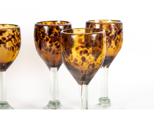 Six Handmade Tortoise Shell Amber Glass Wine Goblets