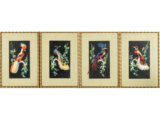 Four Chinese Feather Framed Art Panels