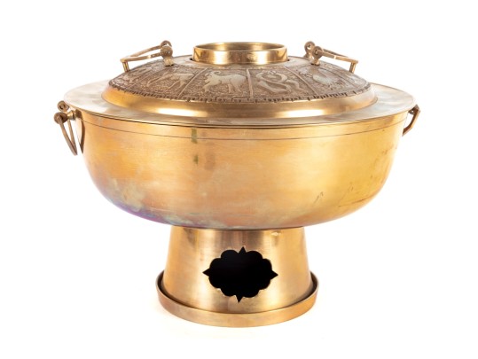 Large Brass Hot Pot With Pierced Base And Decorative Lid