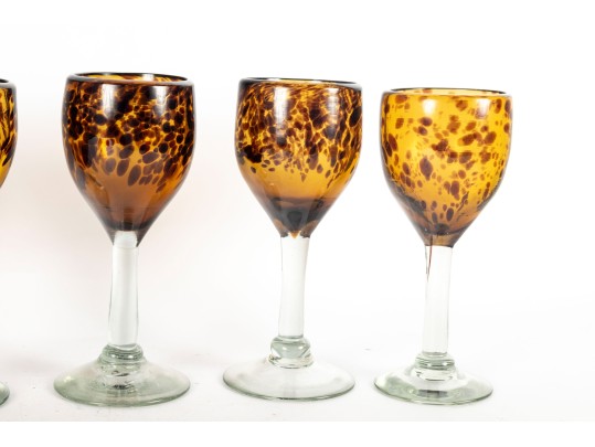 Six Handmade Tortoise Shell Amber Glass Wine Goblets