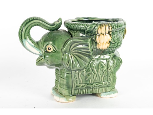 Mid Century Majolica Style Pottery Elephant Planter