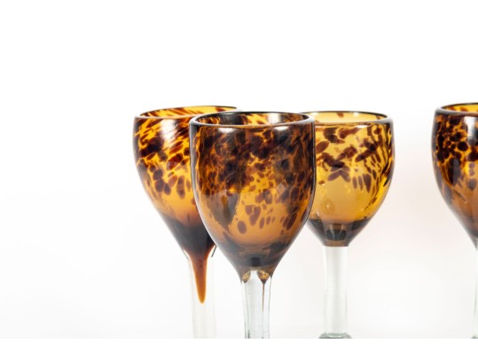 Six Handmade Tortoise Shell Amber Glass Wine Goblets