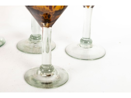 Six Handmade Tortoise Shell Amber Glass Wine Goblets