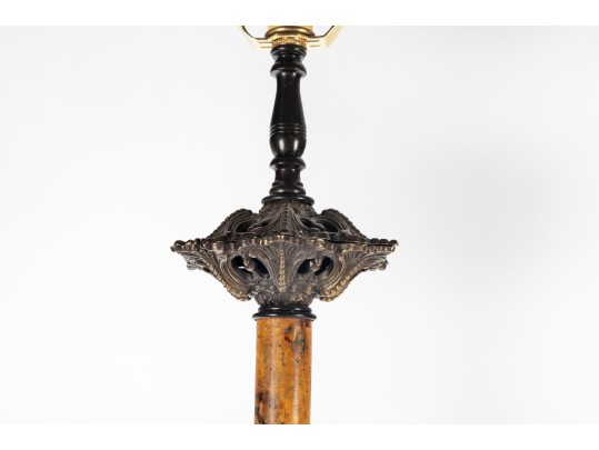 Pair Of Antique Amber Glass And Cast Brass Column Lamps