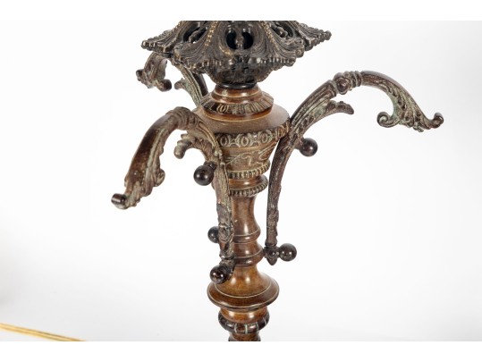 Pair Of Antique Amber Glass And Cast Brass Column Lamps
