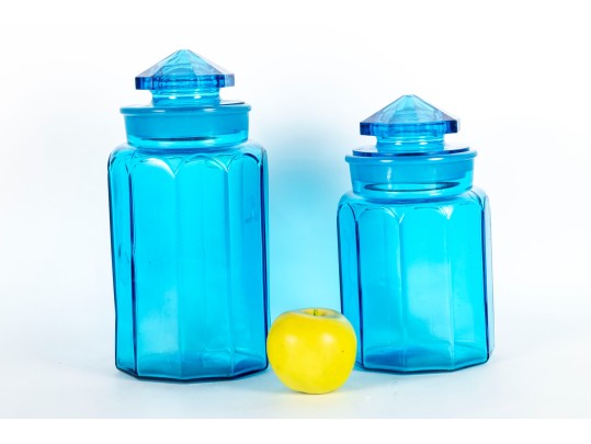 Turquoise Blue Glass L.E. Smith Canisters