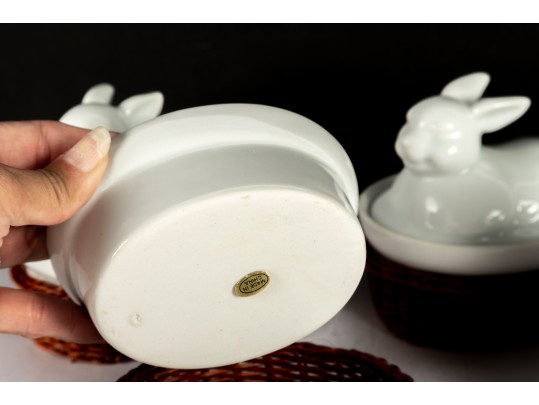 Set Of Four Porcelain Rabbit Covered Dishes With Wicker Holders