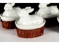 Set Of Four Porcelain Rabbit Covered Dishes With Wicker Holders