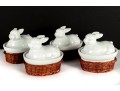 Set Of Four Porcelain Rabbit Covered Dishes With Wicker Holders