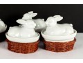 Set Of Four Porcelain Rabbit Covered Dishes With Wicker Holders