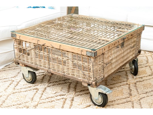 Vintage Rattan And Bamboo Glass Top Table Cocktail Table On Large Casters