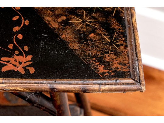 Antique Bamboo Framed Painted Two Tiered End Table