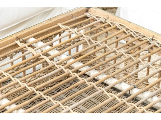 Vintage Rattan And Bamboo Glass Top Table Cocktail Table On Large Casters