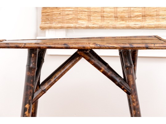 Antique Bamboo Framed Painted Two Tiered End Table