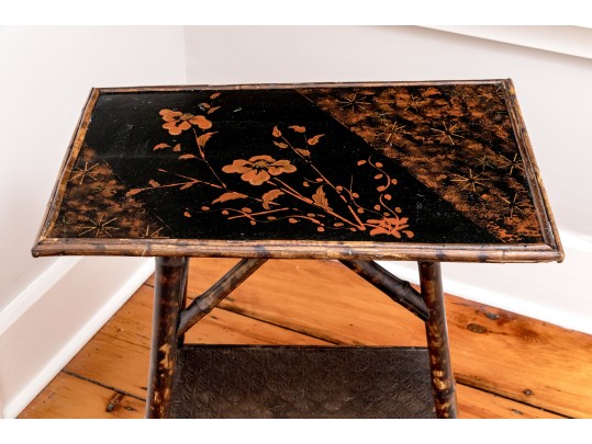 Antique Bamboo Framed Painted Two Tiered End Table