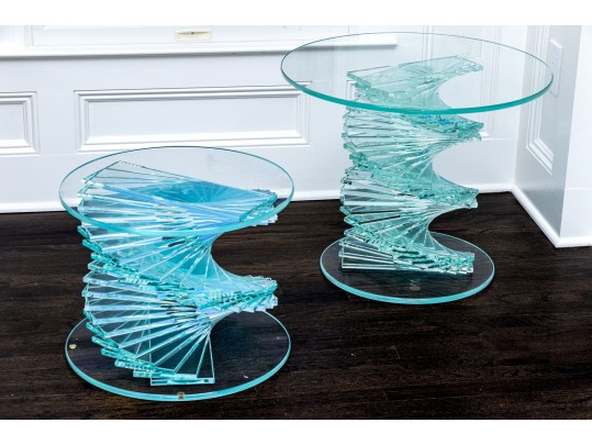 Set Of Two Exceptional Glass Pedestal Tables