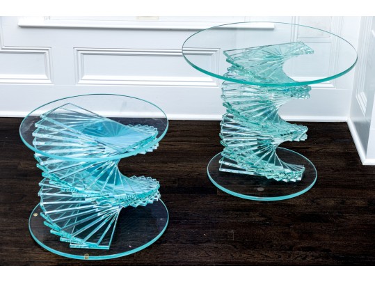 Set Of Two Exceptional Glass Pedestal Tables