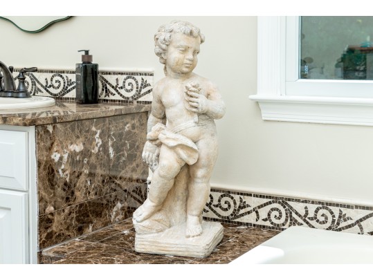 Pair Of Cast Stone Neoclassical Putti With Grape Clusters