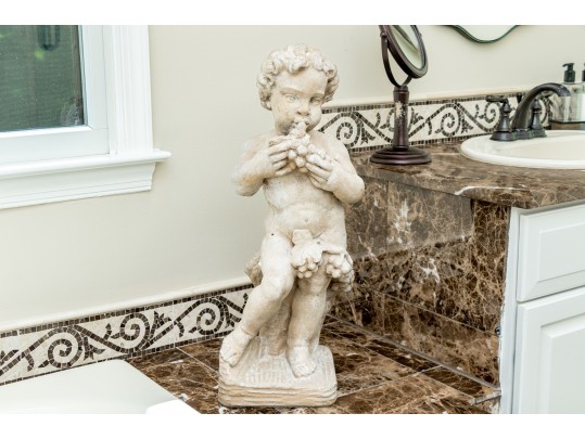 Pair Of Cast Stone Neoclassical Putti With Grape Clusters