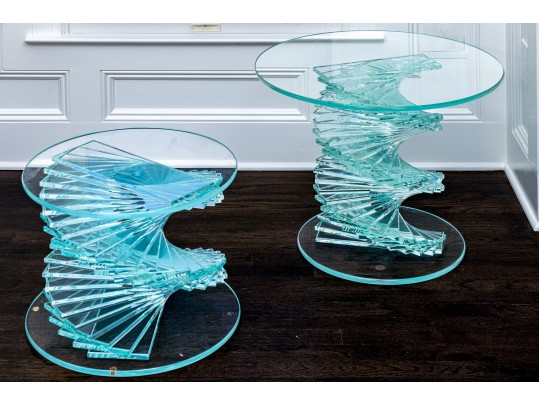 Set Of Two Exceptional Glass Pedestal Tables