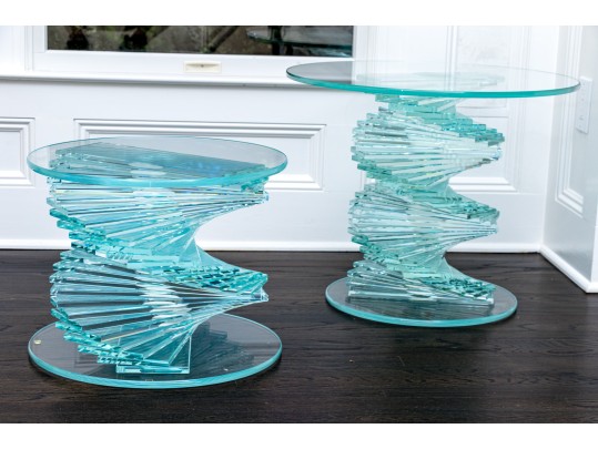 Set Of Two Exceptional Glass Pedestal Tables