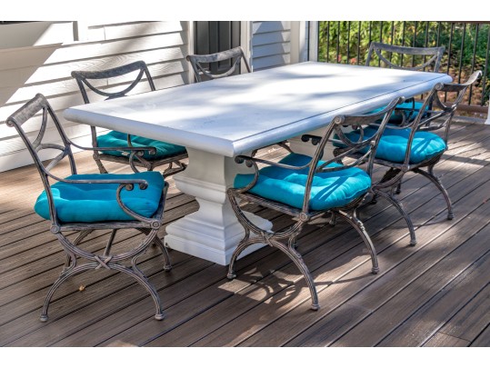 Composite Twin Pedestal Table With Six Cast Classics Aluminum Chairs