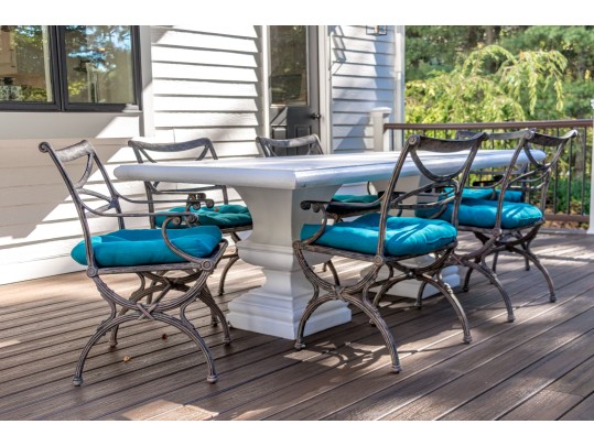 Composite Twin Pedestal Table With Six Cast Classics Aluminum Chairs