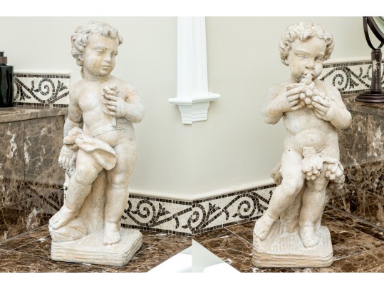 Pair Of Cast Stone Neoclassical Putti With Grape Clusters