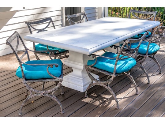 Composite Twin Pedestal Table With Six Cast Classics Aluminum Chairs