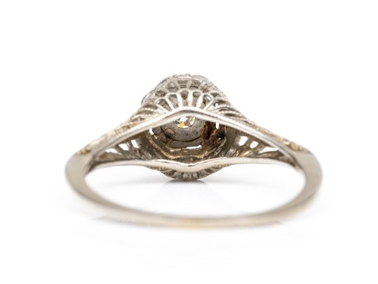 14k White Gold Vintage Filigree And Diamond Ring, App. 0.10 CTS, Size 7.25