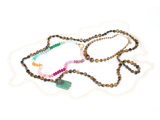 Collection Of Two Tigers Eye, One Quartz And One Cultured Freshwater Pearl Necklaces