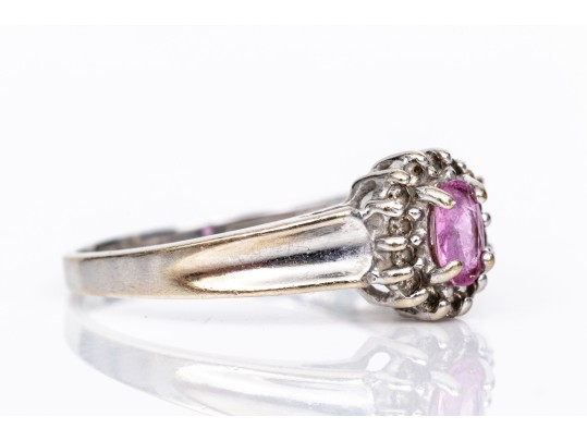 14k White Gold Oval Pink Topaz And Diamond Halo Ring, App. 0.07 TCW, Size 6.75