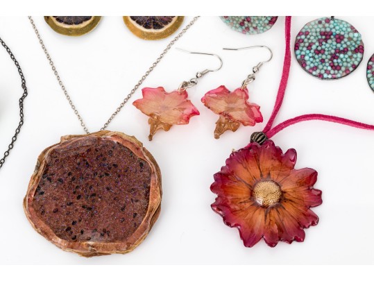 Collection Of Fruit, Flower, And Candy Resin Jewelry, With Acrylic Heart Necklace And Dog Brooch
