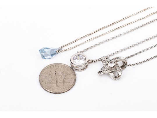 Sterling Silver Collection Of Three Cz And Crystal Set Necklaces On Chains