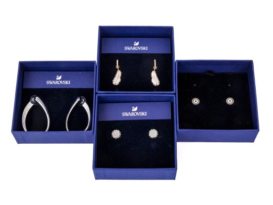 Swarovski Quartet Of Crystal Set Earrings, Stud And Drop Pendant Styles, Boxed