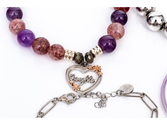 Sterling Silver Collection Of Six Bracelets, Including A Pink And Green Briolette Tourmaline Style