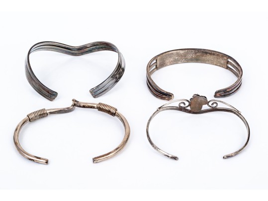 Sterling Silver Collection Of Four Cuff Style Bracelets; Two Plain Styles, Two Turquoise Set