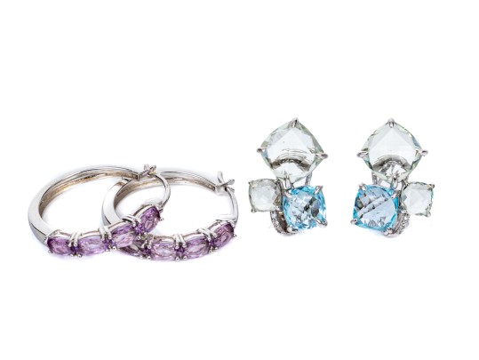 Two Pairs Of Pretty Sterling Silver Earrings, Amethyst Hoops And Blue Topaz Clusters
