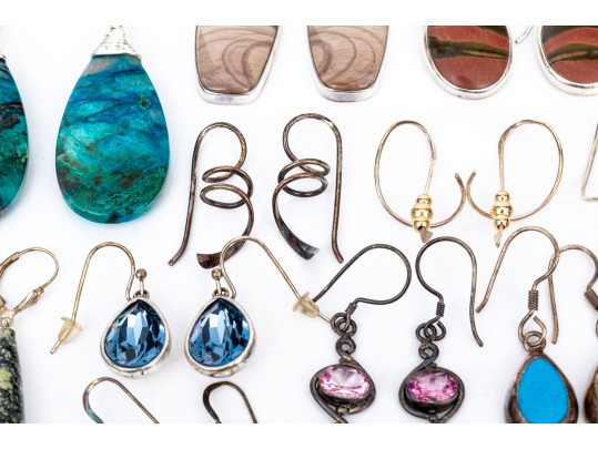 Sterling Silver Collection Of Nineteen Drop Pendant Style Earrings