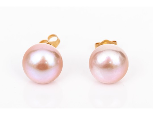 14k Yellow Gold Pink Toned 9.5 Mm Cultured Freshwater Pearl Earrings