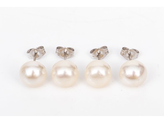 Sterling Silver Set Of Two Cultured Freshwater Pearl Stud Earrings, 8.25 Mm