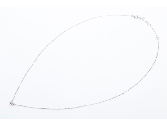 14k White Gold Fine Curb Link Chain And Tiny Pave Diamond Set Heart Necklace, App. 0.03 TCW