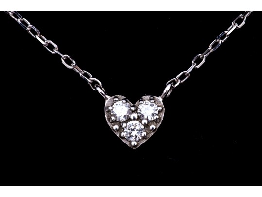 14k White Gold Fine Curb Link Chain And Tiny Pave Diamond Set Heart Necklace, App. 0.03 TCW