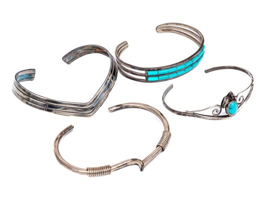 Sterling Silver Collection Of Four Cuff Style Bracelets; Two Plain Styles, Two Turquoise Set